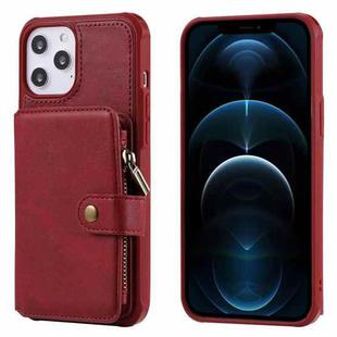 For iPhone 12 Pro Max Zipper Shockproof Protective Case with Card Slots & Bracket & Photo Holder & Wallet Function(Red)