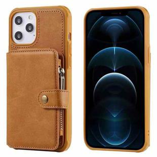 For iPhone 12 Pro Max Zipper Shockproof Protective Case with Card Slots & Bracket & Photo Holder & Wallet Function(Brown)