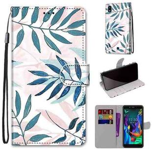 For LG K20 (2019) Coloured Drawing Cross Texture Horizontal Flip PU Leather Case with Holder & Card Slots & Wallet & Lanyard(Pink Green Leaf)