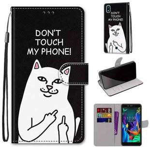 For LG K20 (2019) Coloured Drawing Cross Texture Horizontal Flip PU Leather Case with Holder & Card Slots & Wallet & Lanyard(Middle Finger White Cat)