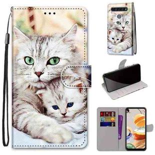 For LG K61 Coloured Drawing Cross Texture Horizontal Flip PU Leather Case with Holder & Card Slots & Wallet & Lanyard(Big Cat Holding Kitten)