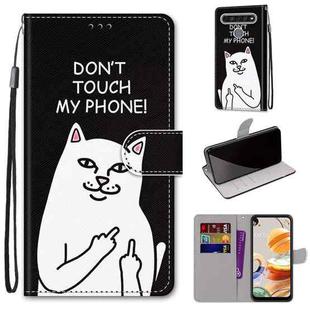 For LG K61 Coloured Drawing Cross Texture Horizontal Flip PU Leather Case with Holder & Card Slots & Wallet & Lanyard(Middle Finger White Cat)