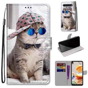 For LG K61 Coloured Drawing Cross Texture Horizontal Flip PU Leather Case with Holder & Card Slots & Wallet & Lanyard(Slant Hat Blue Mirror Cat)