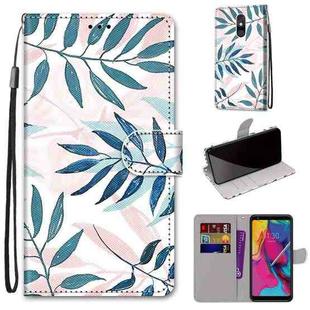 For LG Stylo 5 Coloured Drawing Cross Texture Horizontal Flip PU Leather Case with Holder & Card Slots & Wallet & Lanyard(Pink Green Leaf)