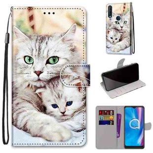 For Alcatel 1SE (2020) Coloured Drawing Cross Texture Horizontal Flip PU Leather Case with Holder & Card Slots & Wallet & Lanyard(Big Cat Holding Kitten)