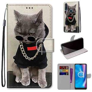 For Alcatel 1SE (2020) Coloured Drawing Cross Texture Horizontal Flip PU Leather Case with Holder & Card Slots & Wallet & Lanyard(Golden Chain Grey Cat)