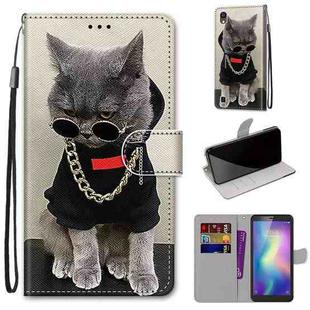 For ZTE Blade A5 2019 Coloured Drawing Cross Texture Horizontal Flip PU Leather Case with Holder & Card Slots & Wallet & Lanyard(Golden Chain Grey Cat)