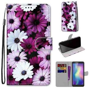 For ZTE Blade A5 2019 Coloured Drawing Cross Texture Horizontal Flip PU Leather Case with Holder & Card Slots & Wallet & Lanyard(Chrysanthemum Pink White Purple)