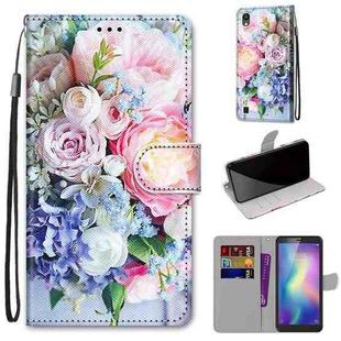 For ZTE Blade A5 2019 Coloured Drawing Cross Texture Horizontal Flip PU Leather Case with Holder & Card Slots & Wallet & Lanyard(Light Pink Bouquet)