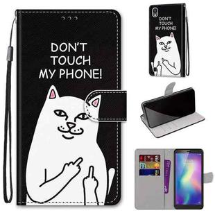 For ZTE Blade A5 2019 Coloured Drawing Cross Texture Horizontal Flip PU Leather Case with Holder & Card Slots & Wallet & Lanyard(Middle Finger White Cat)
