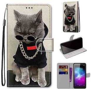 For ZTE Blade L8 / A3 2019 Coloured Drawing Cross Texture Horizontal Flip PU Leather Case with Holder & Card Slots & Wallet & Lanyard(Golden Chain Grey Cat)