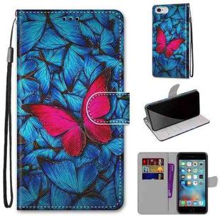 Coloured Drawing Cross Texture Horizontal Flip PU Leather Case with Holder & Card Slots & Wallet & Lanyard For iPhone 6 / 6s(Blue Red Butterfly)