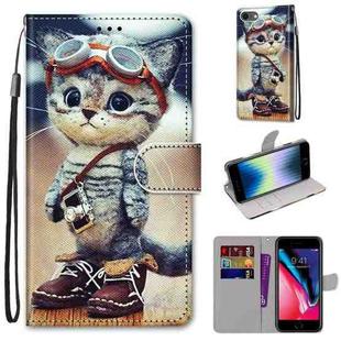 For iPhone SE 2022 / SE 2020 / 8 / 7 Coloured Drawing Cross Texture Horizontal Flip PU Leather Case with Holder & Card Slots & Wallet & Lanyard(Leather Shoes Cat)