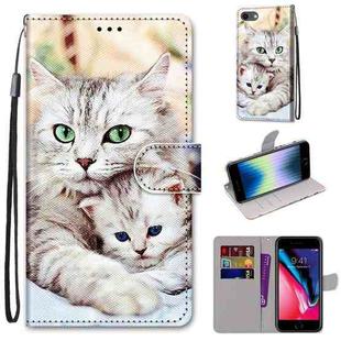 For iPhone SE 2022 / SE 2020 / 8 / 7 Coloured Drawing Cross Texture Horizontal Flip PU Leather Case with Holder & Card Slots & Wallet & Lanyard(Big Cat Holding Kitten)