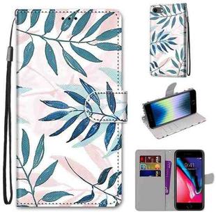 For iPhone SE 2022 / SE 2020 / 8 / 7 Coloured Drawing Cross Texture Horizontal Flip PU Leather Case with Holder & Card Slots & Wallet & Lanyard(Pink Green Leaf)