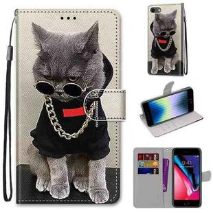 For iPhone SE 2022 / SE 2020 / 8 / 7 Coloured Drawing Cross Texture Horizontal Flip PU Leather Case with Holder & Card Slots & Wallet & Lanyard(B09 Golden Chain Grey Cat)