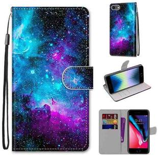 For iPhone SE 2022 / SE 2020 / 8 / 7 Coloured Drawing Cross Texture Horizontal Flip PU Leather Case with Holder & Card Slots & Wallet & Lanyard(Purple Green Starry Sky)