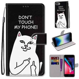 For iPhone SE 2022 / SE 2020 / 8 / 7 Coloured Drawing Cross Texture Horizontal Flip PU Leather Case with Holder & Card Slots & Wallet & Lanyard(Middle Finger White Cat)