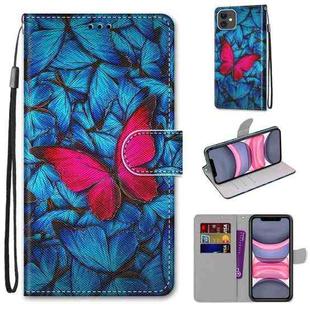 For iPhone 11 Coloured Drawing Cross Texture Horizontal Flip PU Leather Case with Holder & Card Slots & Wallet & Lanyard (Blue Red Butterfly)