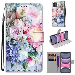 For iPhone 11 Coloured Drawing Cross Texture Horizontal Flip PU Leather Case with Holder & Card Slots & Wallet & Lanyard (Light Pink Bouquet)