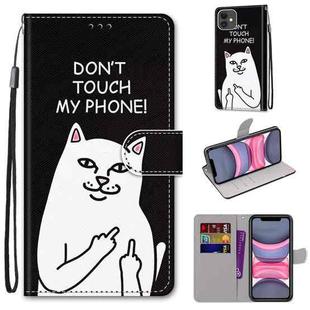 For iPhone 11 Coloured Drawing Cross Texture Horizontal Flip PU Leather Case with Holder & Card Slots & Wallet & Lanyard (Middle Finger White Cat)