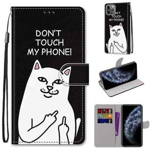For iPhone 11 Pro Coloured Drawing Cross Texture Horizontal Flip PU Leather Case with Holder & Card Slots & Wallet & Lanyard (Middle Finger White Cat)