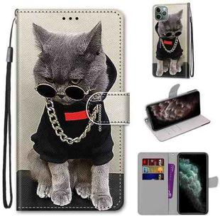 For iPhone 11 Pro Max Coloured Drawing Cross Texture Horizontal Flip PU Leather Case with Holder & Card Slots & Wallet & Lanyard (B09 Golden Chain Grey Cat)