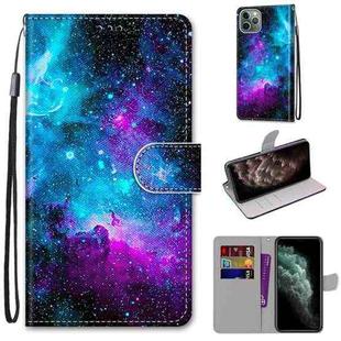 For iPhone 11 Pro Max Coloured Drawing Cross Texture Horizontal Flip PU Leather Case with Holder & Card Slots & Wallet & Lanyard (Purple Green Starry Sky)