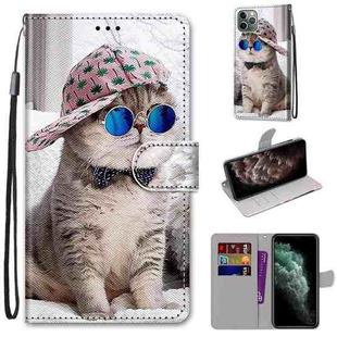 For iPhone 11 Pro Max Coloured Drawing Cross Texture Horizontal Flip PU Leather Case with Holder & Card Slots & Wallet & Lanyard (Slant Hat Blue Mirror Cat)