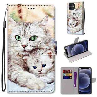 For iPhone 12 mini Coloured Drawing Cross Texture Horizontal Flip PU Leather Case with Holder & Card Slots & Wallet & Lanyard (Big Cat Holding Kitten)