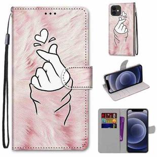 For iPhone 12 mini Coloured Drawing Cross Texture Horizontal Flip PU Leather Case with Holder & Card Slots & Wallet & Lanyard (Pink Hands Heart)