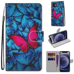 For iPhone 12 mini Coloured Drawing Cross Texture Horizontal Flip PU Leather Case with Holder & Card Slots & Wallet & Lanyard (Blue Red Butterfly)