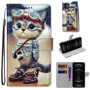 For iPhone 12 / 12 Pro Coloured Drawing Cross Texture Horizontal Flip PU Leather Case with Holder & Card Slots & Wallet & Lanyard(Leather Shoes Cat)