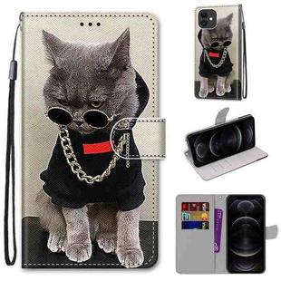 For iPhone 12 / 12 Pro Coloured Drawing Cross Texture Horizontal Flip PU Leather Case with Holder & Card Slots & Wallet & Lanyard(B09 Golden Chain Grey Cat)