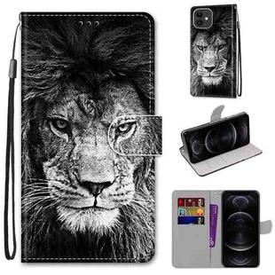 For iPhone 12 / 12 Pro Coloured Drawing Cross Texture Horizontal Flip PU Leather Case with Holder & Card Slots & Wallet & Lanyard(B11 Black White Lion Head)