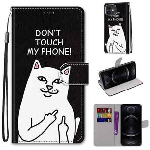 For iPhone 12 / 12 Pro Coloured Drawing Cross Texture Horizontal Flip PU Leather Case with Holder & Card Slots & Wallet & Lanyard(Middle Finger White Cat)