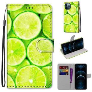For iPhone 12 Pro Max Coloured Drawing Cross Texture Horizontal Flip PU Leather Case with Holder & Card Slots & Wallet & Lanyard(Green Lemon)
