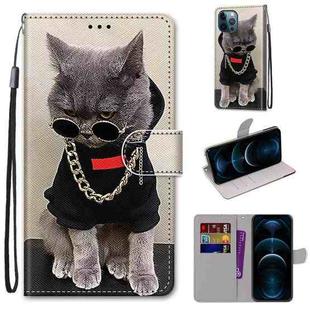 For iPhone 12 Pro Max Coloured Drawing Cross Texture Horizontal Flip PU Leather Case with Holder & Card Slots & Wallet & Lanyard(B09 Golden Chain Grey Cat)