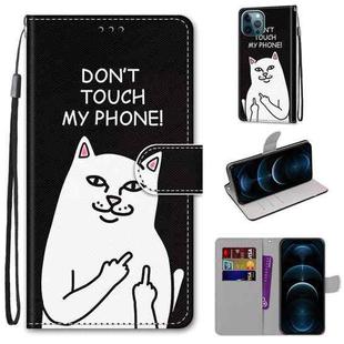 For iPhone 12 Pro Max Coloured Drawing Cross Texture Horizontal Flip PU Leather Case with Holder & Card Slots & Wallet & Lanyard(Middle Finger White Cat)
