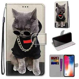 For iPhone X / XS Coloured Drawing Cross Texture Horizontal Flip PU Leather Case with Holder & Card Slots & Wallet & Lanyard(B09 Golden Chain Grey Cat)