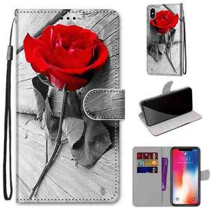 For iPhone X / XS Coloured Drawing Cross Texture Horizontal Flip PU Leather Case with Holder & Card Slots & Wallet & Lanyard(B10 Wood Red Rose)