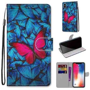 For iPhone X / XS Coloured Drawing Cross Texture Horizontal Flip PU Leather Case with Holder & Card Slots & Wallet & Lanyard(Blue Red Butterfly)