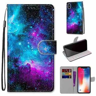 For iPhone X / XS Coloured Drawing Cross Texture Horizontal Flip PU Leather Case with Holder & Card Slots & Wallet & Lanyard(Purple Green Starry Sky)