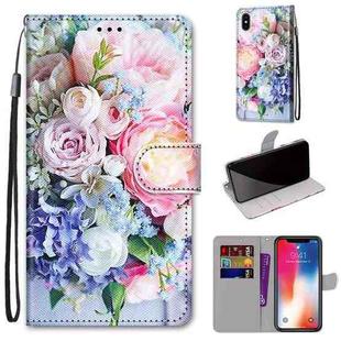 For iPhone X / XS Coloured Drawing Cross Texture Horizontal Flip PU Leather Case with Holder & Card Slots & Wallet & Lanyard(Light Pink Bouquet)