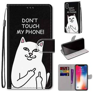 For iPhone X / XS Coloured Drawing Cross Texture Horizontal Flip PU Leather Case with Holder & Card Slots & Wallet & Lanyard(Middle Finger White Cat)
