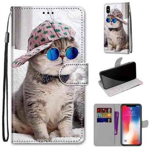 For iPhone X / XS Coloured Drawing Cross Texture Horizontal Flip PU Leather Case with Holder & Card Slots & Wallet & Lanyard(Slant Hat Blue Mirror Cat)