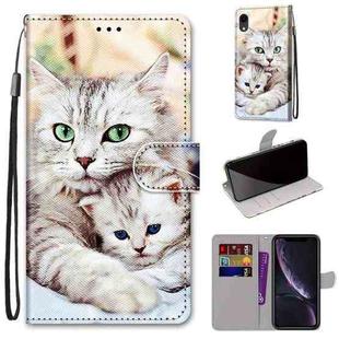 For iPhone XR Coloured Drawing Cross Texture Horizontal Flip PU Leather Case with Holder & Card Slots & Wallet & Lanyard(Big Cat Holding Kitten)