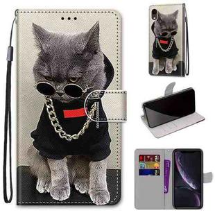 For iPhone XR Coloured Drawing Cross Texture Horizontal Flip PU Leather Case with Holder & Card Slots & Wallet & Lanyard(B09 Golden Chain Grey Cat)