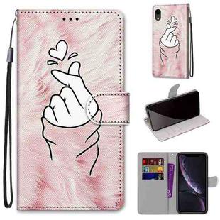 For iPhone XR Coloured Drawing Cross Texture Horizontal Flip PU Leather Case with Holder & Card Slots & Wallet & Lanyard(Pink Hands Heart)