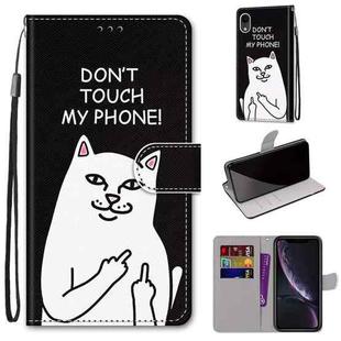 For iPhone XR Coloured Drawing Cross Texture Horizontal Flip PU Leather Case with Holder & Card Slots & Wallet & Lanyard(Middle Finger White Cat)